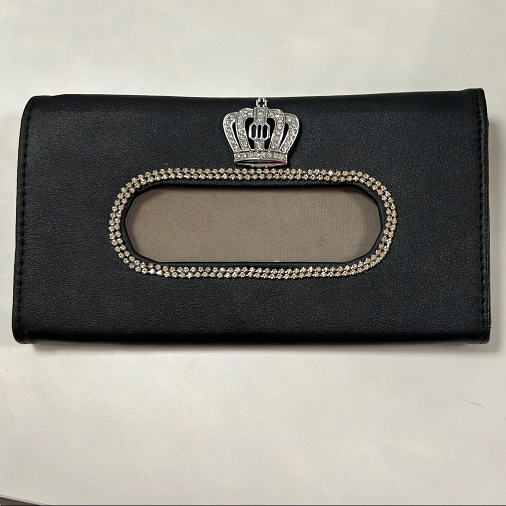 Elegant Black Tissue Holder for Car Visor with Rhinestones and Crown Accent